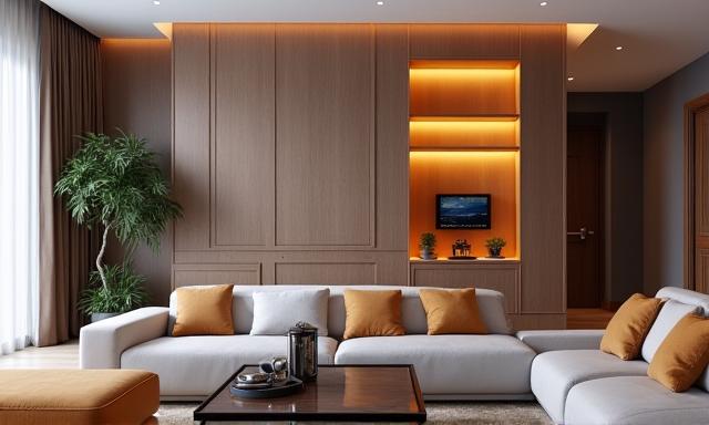 Modern living room with a decorative wall panel that slides open to reveal a compact fitness station