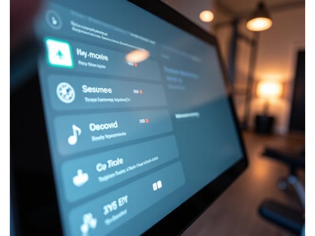 Smart home hub interface controlling lighting, music, and climate in a modern apartment gym