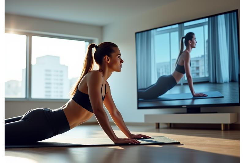 Woman performing virtual training in a modern, well-lit apartment gym with a large screen displaying her trainer.